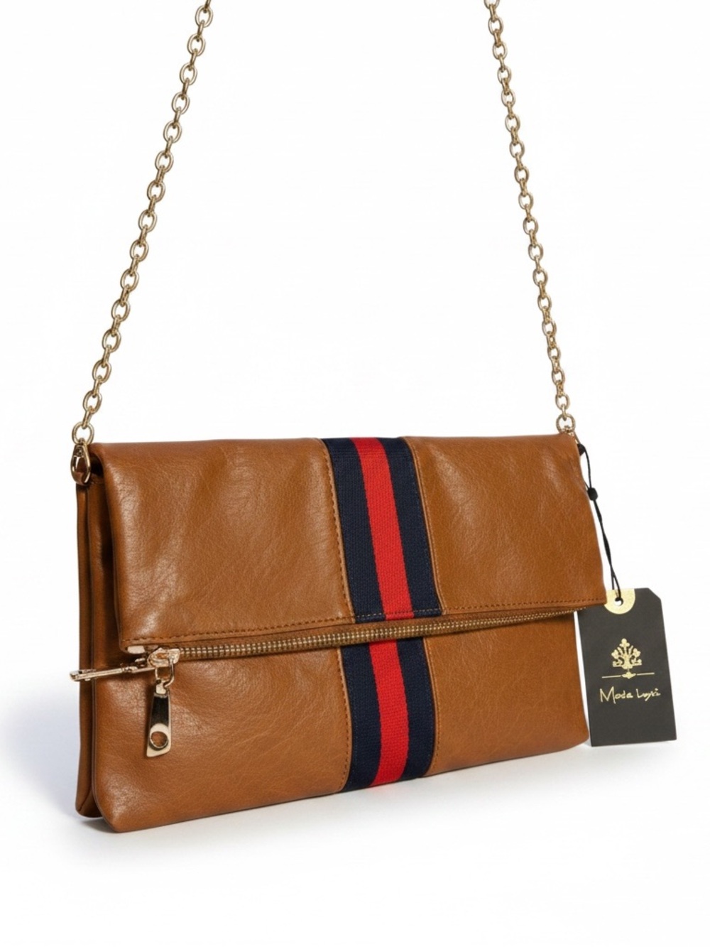 Moda Luxe Jules Clutch Tan with Red & Navy Center Stripe NWT